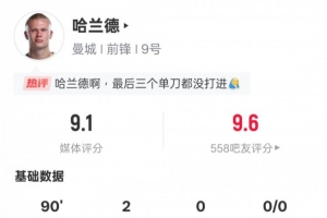 哈蘭德本場(chǎng)數(shù)據(jù)：2進(jìn)球2錯(cuò)失進(jìn)球機(jī)會(huì)2解圍，評(píng)分9.1全場(chǎng)最高