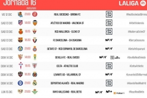 西甲第16輪時間：巴薩12月14日01:30對陣奧薩蘇納，皇馬15日出戰(zhàn)